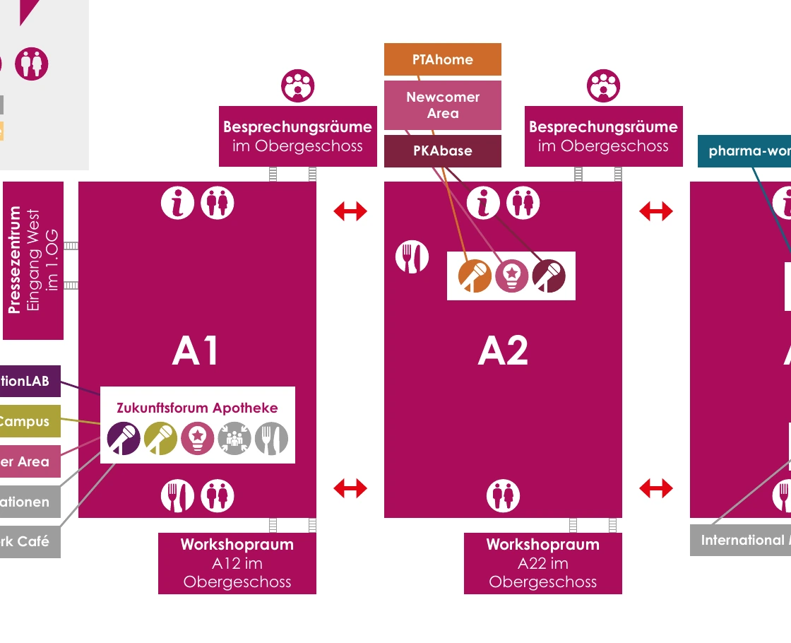 Offizieller Geländeplan der expopharm 2026 mit Halle A2 und der Newcomer Area